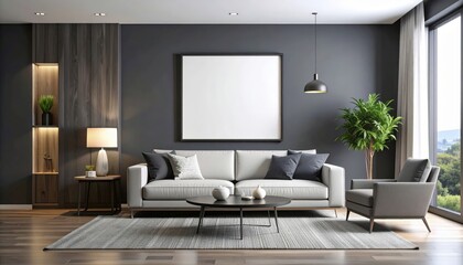 Modern living room with gray walls white sofa and blank picture frame