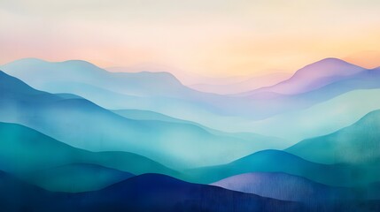 Layered mountain range with a pastel sky gradient in a watercolor style art