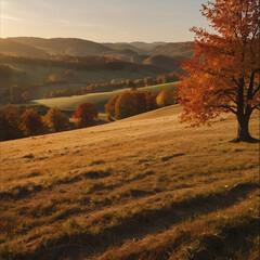Autumnal Hills with Tire Swing at Golden Hour