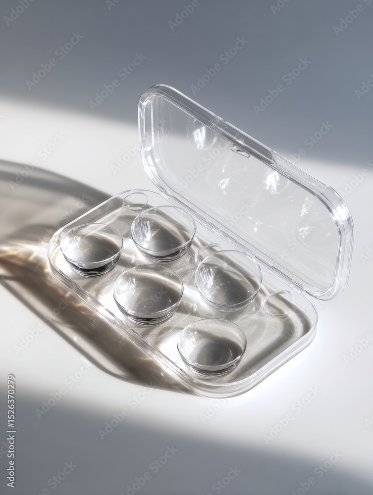 Poster contact lenses in open case on a clean white surface illuminated by soft light at an indoor location