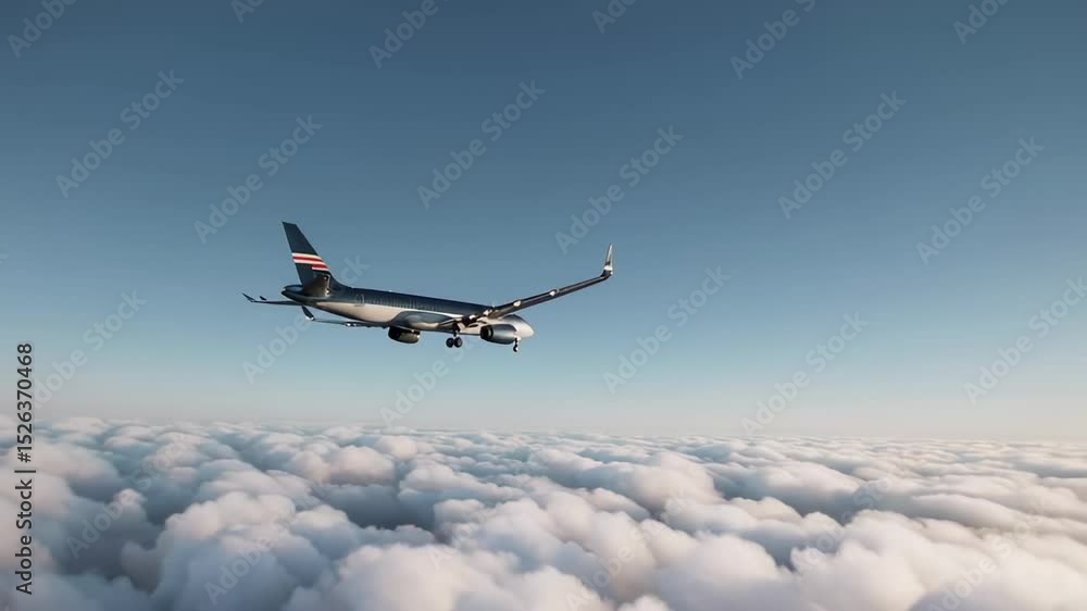 Poster passenger airplane with extended landing gear gliding smoothly over dense white clouds, executing gr