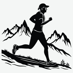 A runner sprinting on a trail with mountains behind  silhouette image vector art and illustration	