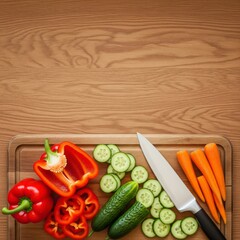Meal prep scene with colorful fresh vegetables—peppers, zucchini, onions, and parsley—chopped on a cutting board, top view

