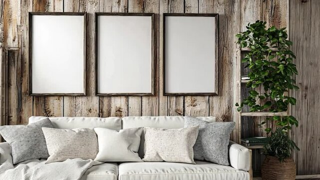Rustic living room with empty frames and plants