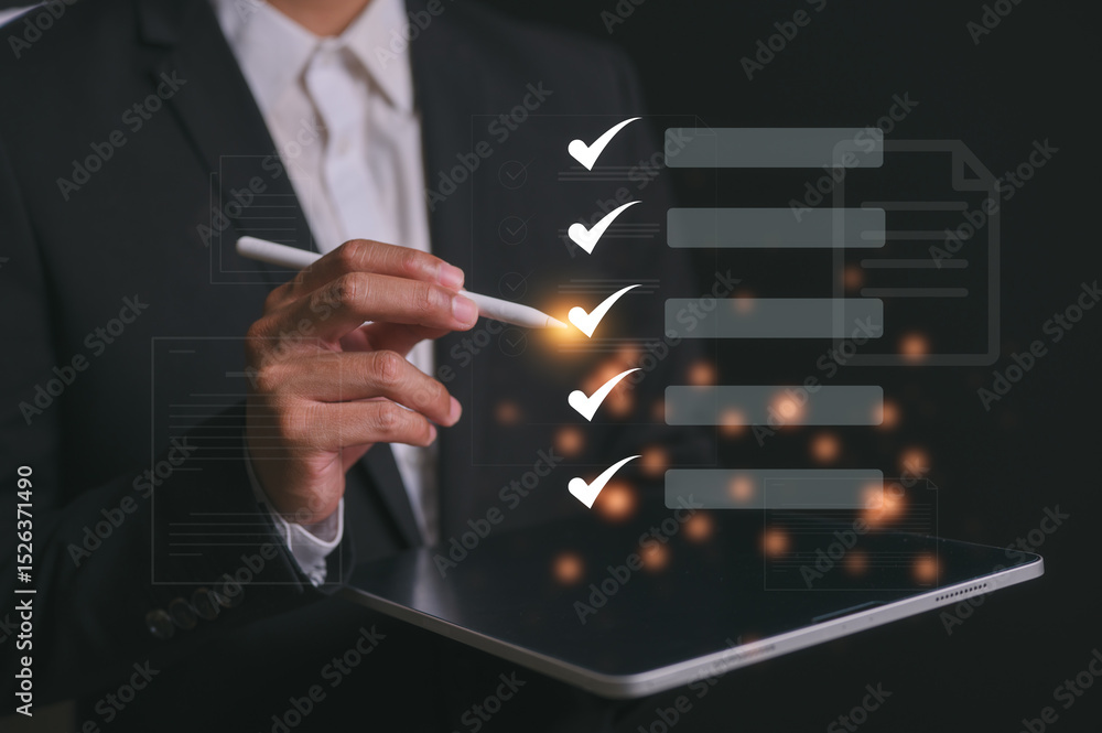 Poster businessman present virtual screen using pen tick correct marks in concept of practices and policies
