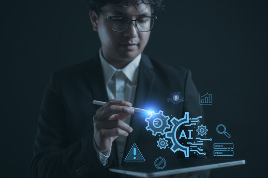 Businessman use pen and digital tablet working with ai icon and digital file interface in AI document management system concept. Perfect for automation paperless workflow data processing smart office