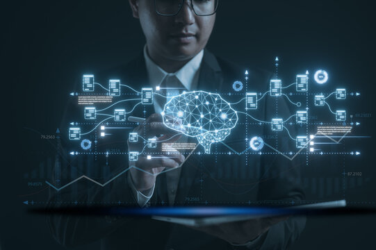 Businessman use pen and digital tablet working with ai icon and digital file interface in AI document management system concept. Perfect for automation paperless workflow data processing smart office