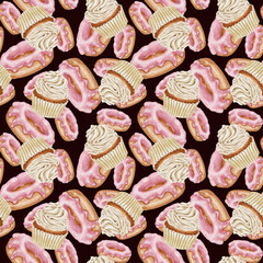 Donut with pink icing and cupcake with white cream seamless pattern watercolor illustration. RSuitable for menus and advertising of a bakery, coffee shop, design of diet and culinary sites.