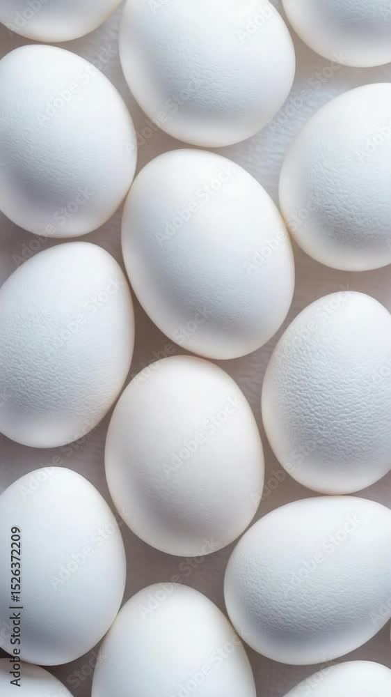 Poster Multiple fresh white eggs are arranged on a pristine white surface, creating a visually appealing and repetitive pattern that highlights their natural beauty and uniformity