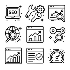 SEO tools icon with nine icons for different SEO aspects. Perfect for web design projects needing SEO visuals.