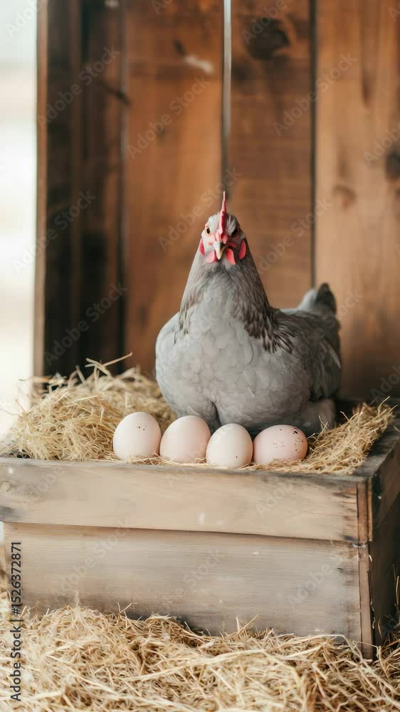 Poster brooding grey hen nestled protectively in wooden crate, carefully guarding fresh white eggs while sh