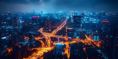 Obraz premium Smart City Nightscape with Fiber Optics and 5G Technology in Urban Digital Transformation