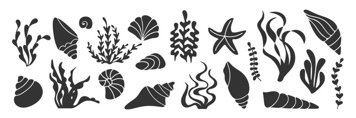 Vector set of seaweed, shells, starfish in flat black silhouettes. Minimal marine shapes for logo, packaging, sticker, kids craft, eco branding, beach travel design, ocean pattern, icon, summer decor