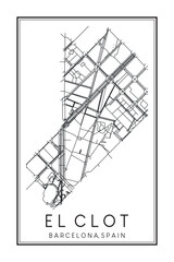 Hand drawn printable downtown road map poster of borough EL CLOT of the Spanish city of BARCELONA on solid white background with city name