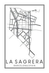Hand drawn printable downtown road map poster of borough LA SAGRERA of the Spanish city of BARCELONA on solid white background with city name