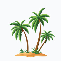 Fototapeta premium Illustration of three palm trees on a sandy island with green foliage and a tropical vibe