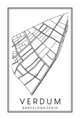 Hand drawn printable downtown road map poster of borough VERDUM of the Spanish city of BARCELONA on solid white background with city name