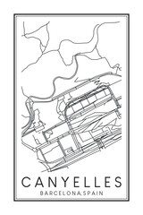 Obraz premium Hand drawn printable downtown road map poster of borough CANYELLES of the Spanish city of BARCELONA on solid white background with city name