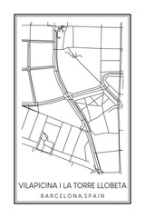Hand drawn printable downtown road map poster of borough VILAPICINA I LA TORRE LLOBETA of the Spanish city of BARCELONA on solid white background with city name