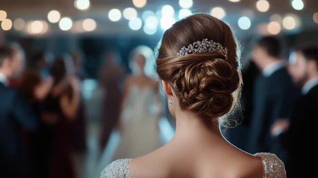 Elegant woman attend celebration wearing glamorous updo hairstyle with decorative jewel