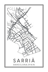 Obraz premium Hand drawn printable downtown road map poster of borough SARRIÀ of the Spanish city of BARCELONA on solid white background with city name