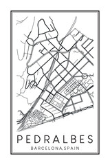 Hand drawn printable downtown road map poster of borough PEDRALBES of the Spanish city of BARCELONA on solid white background with city name