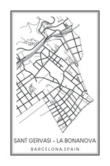 Hand drawn printable downtown road map poster of borough SANT GERVASI - LA BONANOVA of the Spanish city of BARCELONA on solid white background with city name