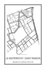 Hand drawn printable downtown road map poster of borough LA MATERNITAT I SANT RAMON of the Spanish city of BARCELONA on solid white background with city name