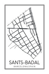 Hand drawn printable downtown road map poster of borough SANTS-BADAL of the Spanish city of BARCELONA on solid white background with city name