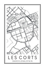 Hand drawn printable downtown road map poster of borough LES CORTS of the Spanish city of BARCELONA on solid white background with city name