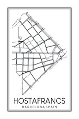 Hand drawn printable downtown road map poster of borough HOSTAFRANCS of the Spanish city of BARCELONA on solid white background with city name