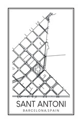 Hand drawn printable downtown road map poster of borough SANT ANTONI of the Spanish city of BARCELONA on solid white background with city name