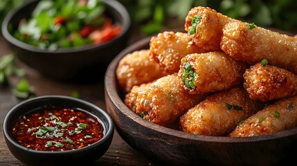 Fototapeta premium Crispy spring rolls with sweet chili dipping sauce