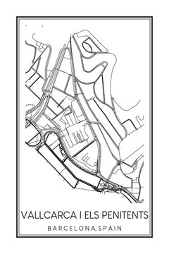 Hand drawn printable downtown road map poster of borough VALLCARCA I ELS PENITENTS of the Spanish city of BARCELONA on solid white background with city name