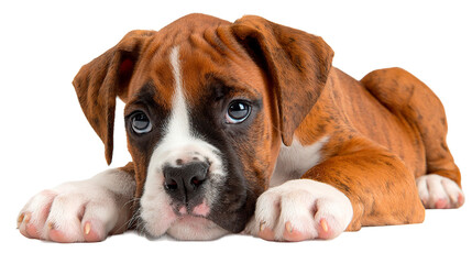 Obraz premium A sweet and adorable boxer puppy is laying down, looking at the camera with big eyes.