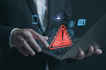 internet network security concept, man typing on computer keyboard with triangle warning sign developer with triangle caution warning sign notification error, maintenance, e-document data protection