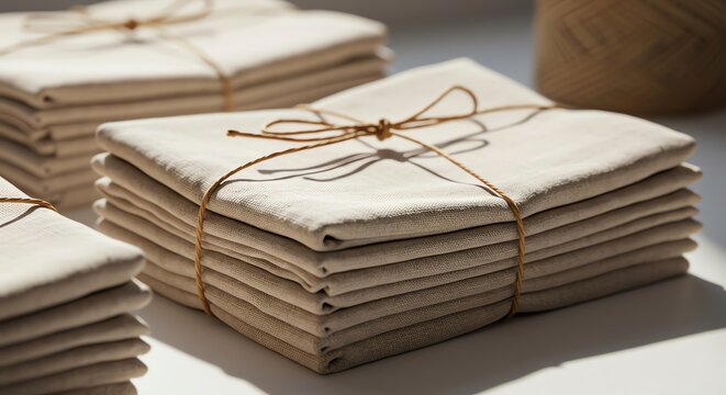 Stacks of folded fabric tied with string