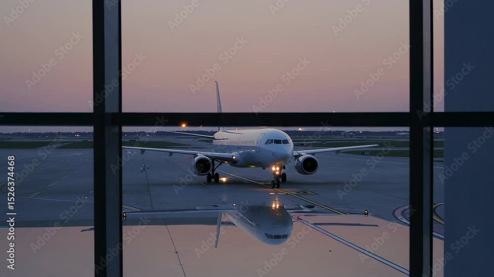Poster passenger airplane taxiing across wet airport tarmac during sunset, glimmering reflections visible t