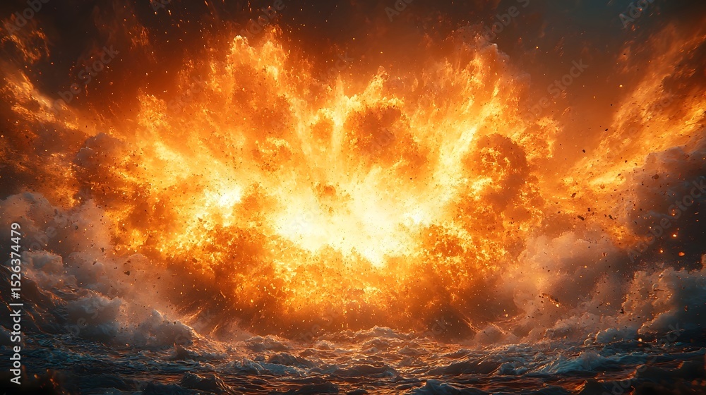 Poster powerful explosion with shockwave distorting the environment