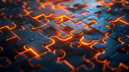 Close up of a dark gray puzzle with glowing orange edges between the pieces