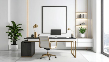 Modern office space with sleek desk computer and minimalist decor in bright airy room