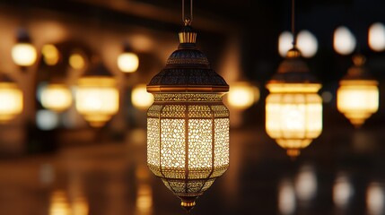 Illuminated Moroccan Lantern Hanging, Festive Bokeh Background, Ramadan Decor