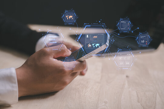 Businessman using a smartphone app to control smart home devices, AI integration in mobile business solutions. smart mobile phone with artificial intelligence, ideal for presentations on technology