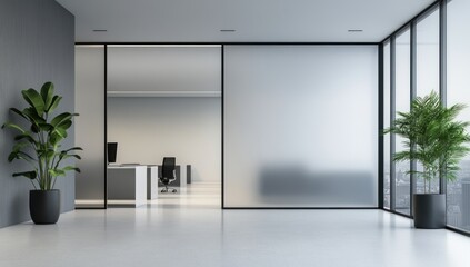 Plakat Modern office lobby, frosted glass walls, city view, minimalist design, workspace