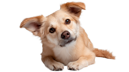 A light brown puppy with a tilted head looks directly at the viewer in a studio.