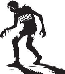 Fototapeta premium zombie silhouette walking with outstretched arms wearing brains text on chest halloween horror spooky undead creature vector