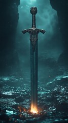 Naklejka premium Battle-Worn Sword Amidst Fiery Cracks High Resolution Picture
