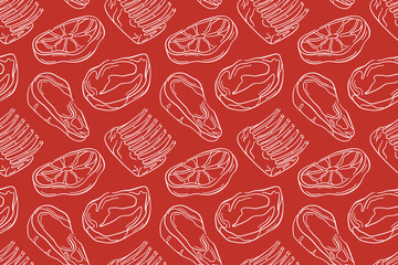 Seamless pattern with raw meat cut, steak, ribs and lamb line art style. Perfect for butcher shop packaging, kitchen wallpaper or grocery store.