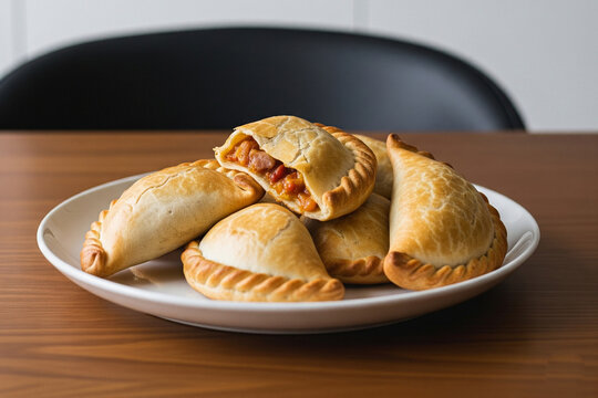 Naklejki A modern minimalist food photo of several golden brown Empanadas, beautifully arranged on a pristine white plate, resting on a sleek wooden dining table.