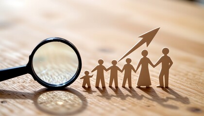 Fototapeta premium paper people with magnifying glass and arrow on wooden background analysis growth and teamwork concept, minimalist composition with shallow depth of field, soft beige bokeh background